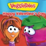 VeggieTales Valentine’s Day banner with animated veggies smiling in front of a large red heart and the title text above them.