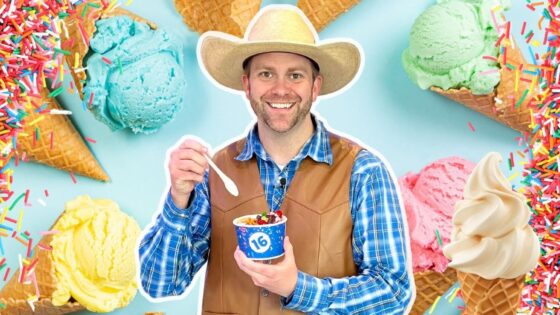Smiling man in a plaid shirt and cowboy hat holding a blue cup of ice cream with a spoon, surrounded by colorful ice cream cones and scoops in a pastel background.