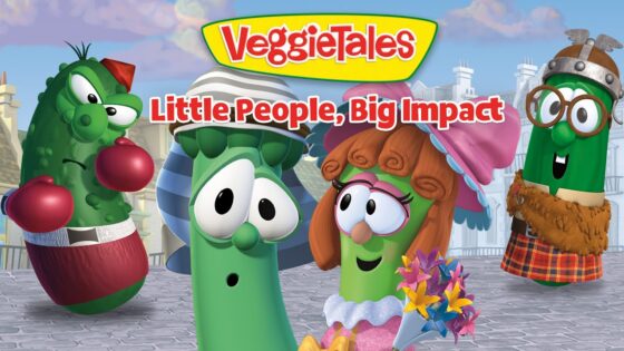 VeggieTales characters pose together in front of a city backdrop with the title 'Little People, Big Impact'.