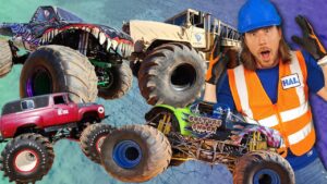 Man in a blue hard hat and orange safety vest poses beside colorful monster trucks in a dynamic collage image.