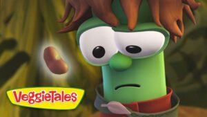 Green veggie character with brown hair and a puzzled expression in a forest, VeggieTales logo in the corner