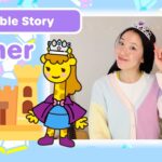 Thumbnail for a kids' Bible Story video: Esther, featuring a girl with a crown beside a cartoon castle and giraffe mascot.
