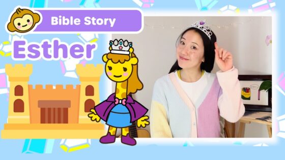 Thumbnail for a kids' Bible Story video: Esther, featuring a girl with a crown beside a cartoon castle and giraffe mascot.