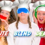 Three kids in chef hats pose in a kitchen; left points to a red 'MUTE' sticker over her mouth, middle wears a blue blindfold, right has green headphones with 'DEAF' text nearby.
