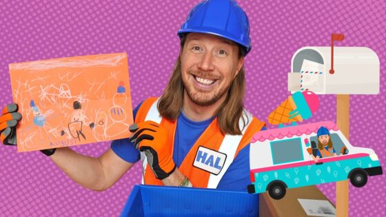 Construction worker in a blue hard hat and orange safety vest holds up a child's orange drawing, with a colorful cartoon van and mailbox in the background.