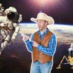 A man in a cowboy hat and brown vest points at an astronaut floating above Earth, with a lunar lander nearby in space behind them.