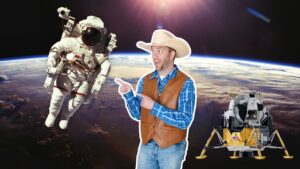 A man in a cowboy hat and brown vest points at an astronaut floating above Earth, with a lunar lander nearby in space behind them.