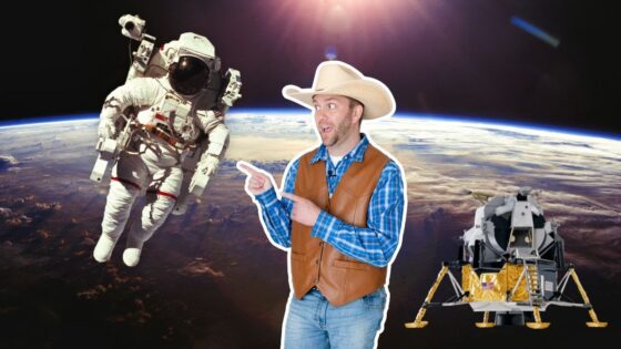 A man in a cowboy hat and brown vest points at an astronaut floating above Earth, with a lunar lander nearby in space behind them.