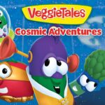 VeggieTales: Cosmic Adventures cover featuring colorful veggie characters in a space-themed scene with a rocket and moon in the background.