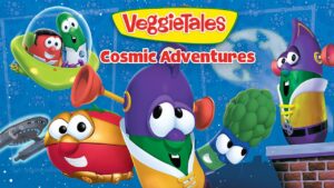 VeggieTales: Cosmic Adventures cover featuring colorful veggie characters in a space-themed scene with a rocket and moon in the background.