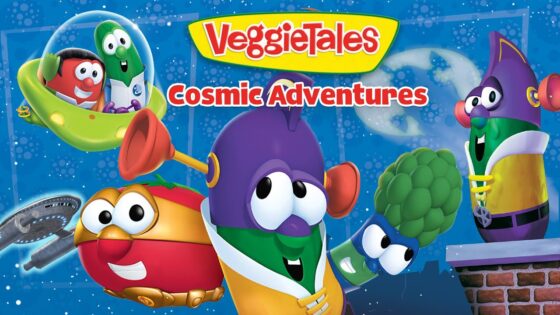 VeggieTales: Cosmic Adventures cover featuring colorful veggie characters in a space-themed scene with a rocket and moon in the background.