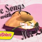 Cartoon VeggieTales character Mr. Lunt in a pink background with 'Love Songs with Mr. Lunt' title and VeggieTales logo, indicating a themed episode.