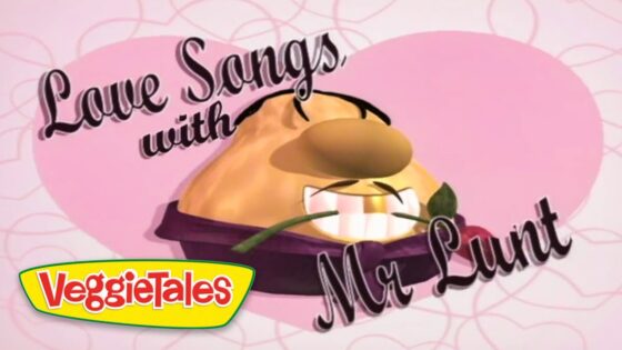 Cartoon VeggieTales character Mr. Lunt in a pink background with 'Love Songs with Mr. Lunt' title and VeggieTales logo, indicating a themed episode.