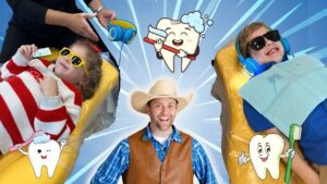 Fun dentist-themed scene with two kids in dental chairs and a smiling man in a cowboy hat in the center, cartoon teeth decorations everywhere