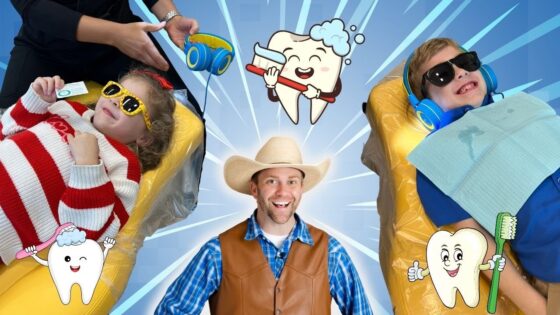 Fun dentist-themed scene with two kids in dental chairs and a smiling man in a cowboy hat in the center, cartoon teeth decorations everywhere