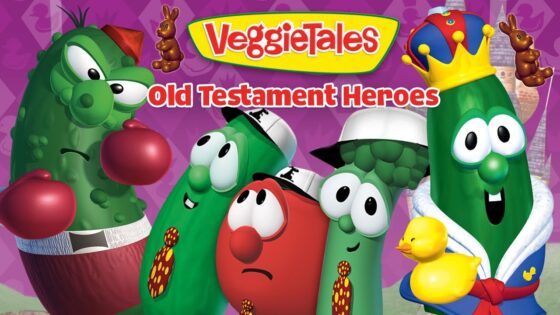 VeggieTales: Old Testament Heroes cover with cartoon vegetable characters posing on a purple background.