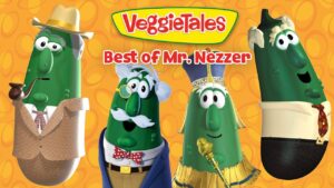 VeggieTales banner with four costumed vegetables under the title 'Best of Mr. Nezz' on an orange patterned background.
