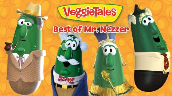 VeggieTales banner with four costumed vegetables under the title 'Best of Mr. Nezz' on an orange patterned background.