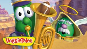 Two VeggieTales characters in a desert canyon, one playing a shiny brass tuba, VeggieTales logo visible below.
