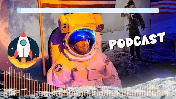 Promotional podcast thumbnail with astronaut in a spacesuit, rocket logo, and the word PODCAST on a lunar backdrop.