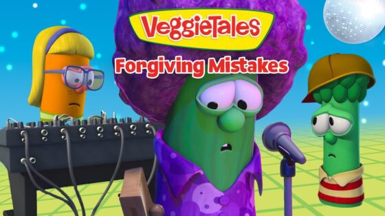 VeggieTales thumbnail: green veggie singing into a microphone while two friends look on, with 'VeggieTales Forgiving Mistakes' text overlay.