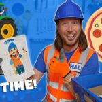 Smiling worker in a blue hard hat and orange safety vest holds a drawing, with a cartoon tractor and a pizza icon in a blue background.
