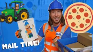 Smiling worker in a blue hard hat and orange safety vest holds a drawing, with a cartoon tractor and a pizza icon in a blue background.