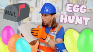 Construction worker in a blue hard hat and orange vest reads a handwritten note beside colorful Easter eggs; 'EGG HUNT' text on screen.