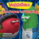 Thumbnail for VeggieTales: The Power of Sharing featuring red and green veggies facing each other with blue burst background and other characters nearby.