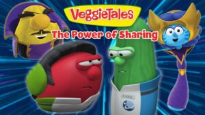 Thumbnail for VeggieTales: The Power of Sharing featuring red and green veggies facing each other with blue burst background and other characters nearby.