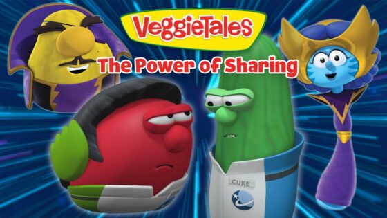 Thumbnail for VeggieTales: The Power of Sharing featuring red and green veggies facing each other with blue burst background and other characters nearby.