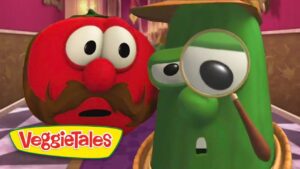 Two VeggieTales vegetables—a surprised red tomato with a brown mustache and a green cucumber—stand in a hallway, the cucumber holding a magnifying glass to its eye.