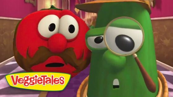 Two VeggieTales vegetables—a surprised red tomato with a brown mustache and a green cucumber—stand in a hallway, the cucumber holding a magnifying glass to its eye.