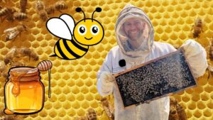 Beekeeper in protective suit holding a honeycomb frame, with a cartoon bee and jar of honey over a honeycomb background.