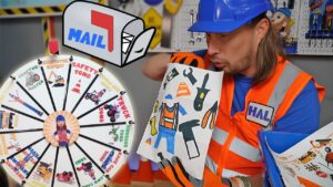 Construction worker in an orange safety vest and blue helmet holds a tool-filled coloring sheet beside a large wheel game titled with construction images.