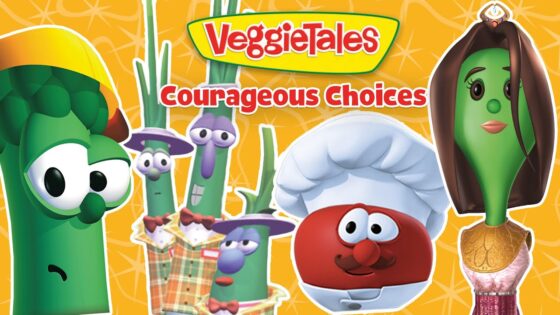 VeggieTales thumbnail featuring various vegetable characters with the title Courageous Choices on an orange patterned background