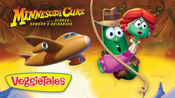 Promo artwork for VeggieTales: Minnesota Cure, featuring a green veggie swinging from a rope with a red-haired companion and a wooden plane against a desert sunset.