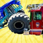 Blue monster truck tilts toward a red fire truck while a man in a cowboy hat smiles beside them against a bright yellow sunburst background, creating a playful stunt scene.