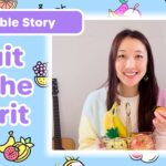 Smiling woman with a fruit basket (bananas, grapes, apples) in a thumbnail for a Bible Story about the Fruit of the Spirit.