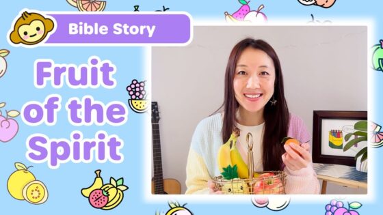 Smiling woman with a fruit basket (bananas, grapes, apples) in a thumbnail for a Bible Story about the Fruit of the Spirit.