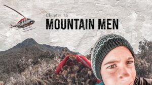 Chapter 15 Mountain Men book cover: a man with a beanie in the foreground, rugged mountains, and a helicopter overhead, collage-style.