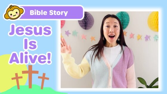 Children's Bible story thumbnail: cheerful woman speaks with pastel cardigan, 'Jesus Is Alive!' text and colorful decorations in the background.