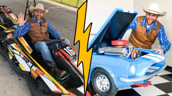 Man in a cowboy hat and blue plaid shirt sits in a yellow/black go-kart, waving at the camera; a yellow zigzag graphic divides the image from a blue open-engine car on the right, with the same man smiling nearby.