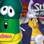 VeggieTales poster: a green cucumber character and a knight in armor in a boxing ring, VeggieTales logo visible.