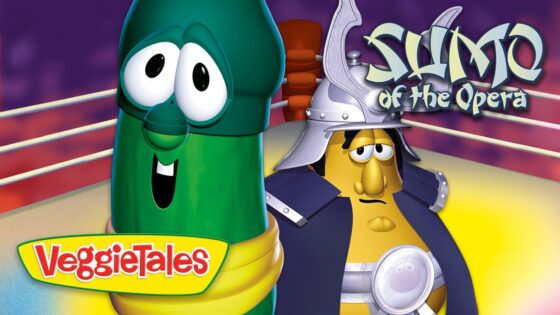 VeggieTales poster: a green cucumber character and a knight in armor in a boxing ring, VeggieTales logo visible.