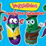 VeggieTales cover: Larry the Cucumber in a trench coat and hat, with three costumed veggie friends on a bright blue background.