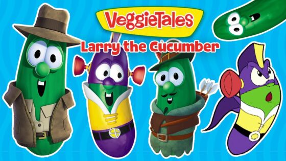 VeggieTales cover: Larry the Cucumber in a trench coat and hat, with three costumed veggie friends on a bright blue background.