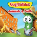 VeggieTales Animals & Faith cover with a green veggie character beside a large wooden ark, giraffes and zebras in a sunny field.