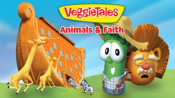 VeggieTales Animals & Faith cover with a green veggie character beside a large wooden ark, giraffes and zebras in a sunny field.