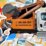 Man in a cowboy hat points at an orange Scorpion Waste Compaction truck with contact info, set against a colorful trash-themed background.